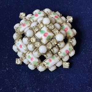 Vintage milk glass & rhinestone brooch